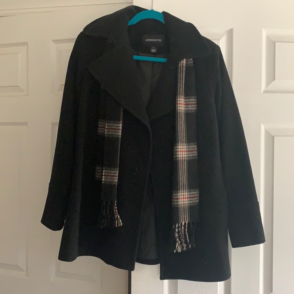 Black trench coat with black tan scarf